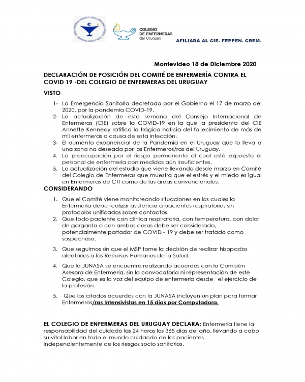 DECLARACIÓN DE POSICIÓN DEL COMITÉ DE ENFERMERÍA CONTRA EL COVID 19 -DEL COLEGIO DE ENFERMERAS DEL URUGUAY